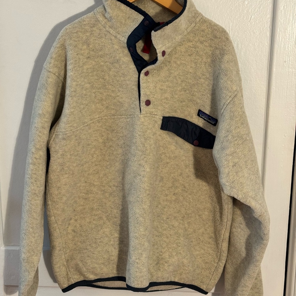 Vintage Patagonia Men's Tan Zip-Up Sweater with Navy Details